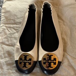 Tory Burch Two-Tone Leather Ballet Flats in Cream and Black with Gold Logo